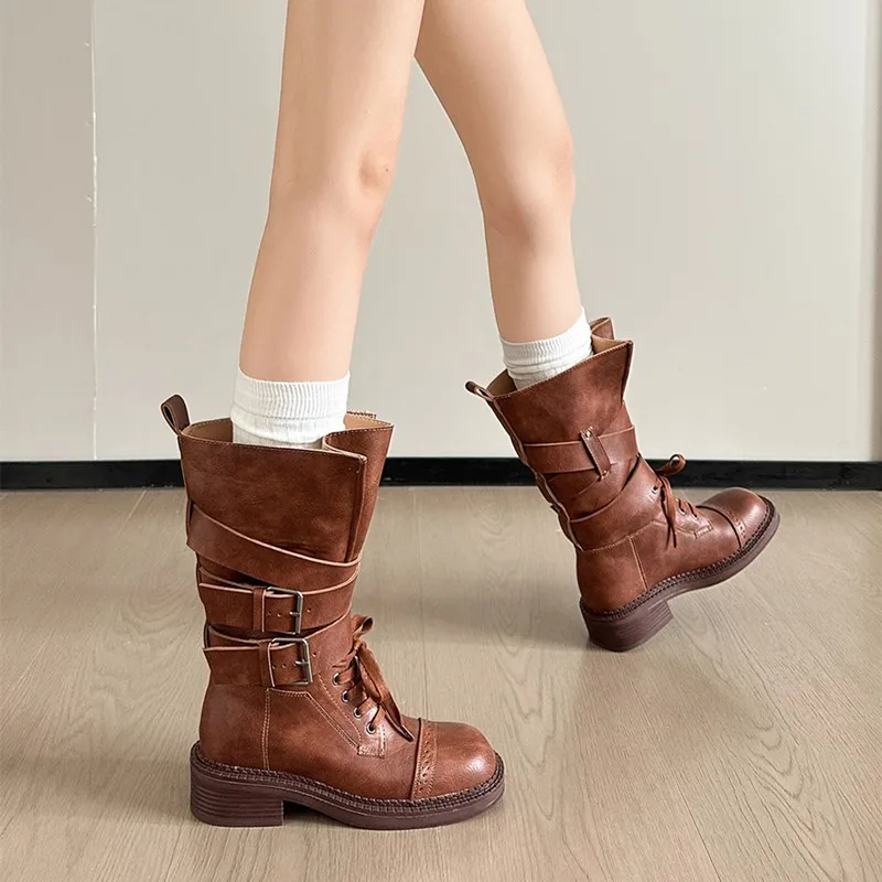 AIYUQI Women Vintage Mid‑Calf Combat Boots Double Buckle Strap Lace‑Up Retro Washed Motorcycle Boots Autumn Fashion Women Shoes