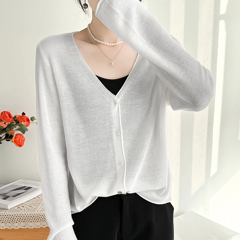 Spring Summer Layon Linen Ice Cardigan Sweater Women V Neck Solid Curl Up Sunscreen Female Long Sleeve Top Fashion Knit Cardigan