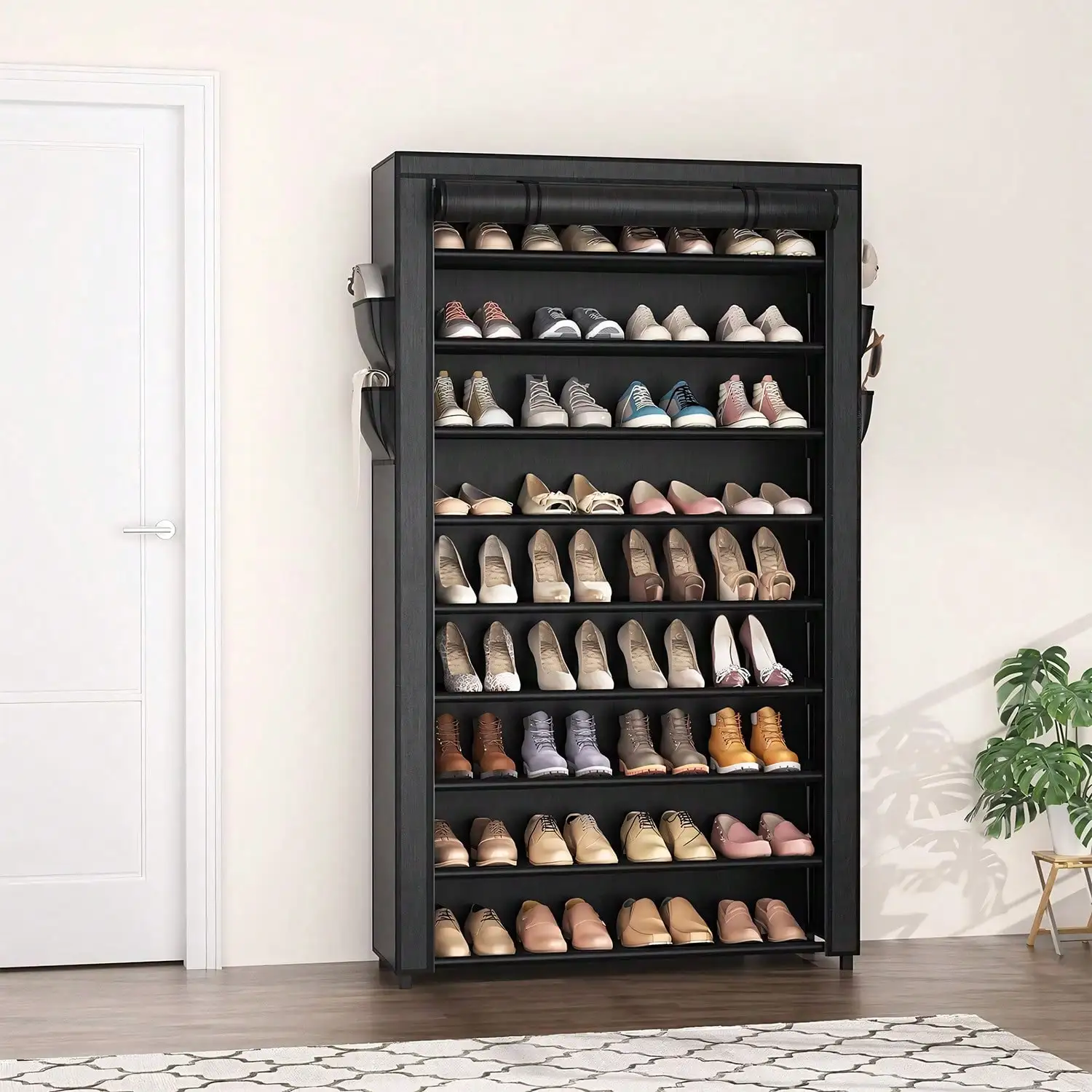 Tomnk 10 Tier Shoe Rack Organizer, Shoe Rack With Covers Black Shoe Rack With Large Pockets For Closet Entryway