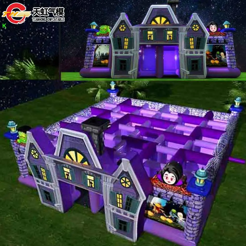 Laberinto embrujado inflable con temática de bruja Horrible de 8x8m Casa embrujada inflable de Halloween con soplador gratis