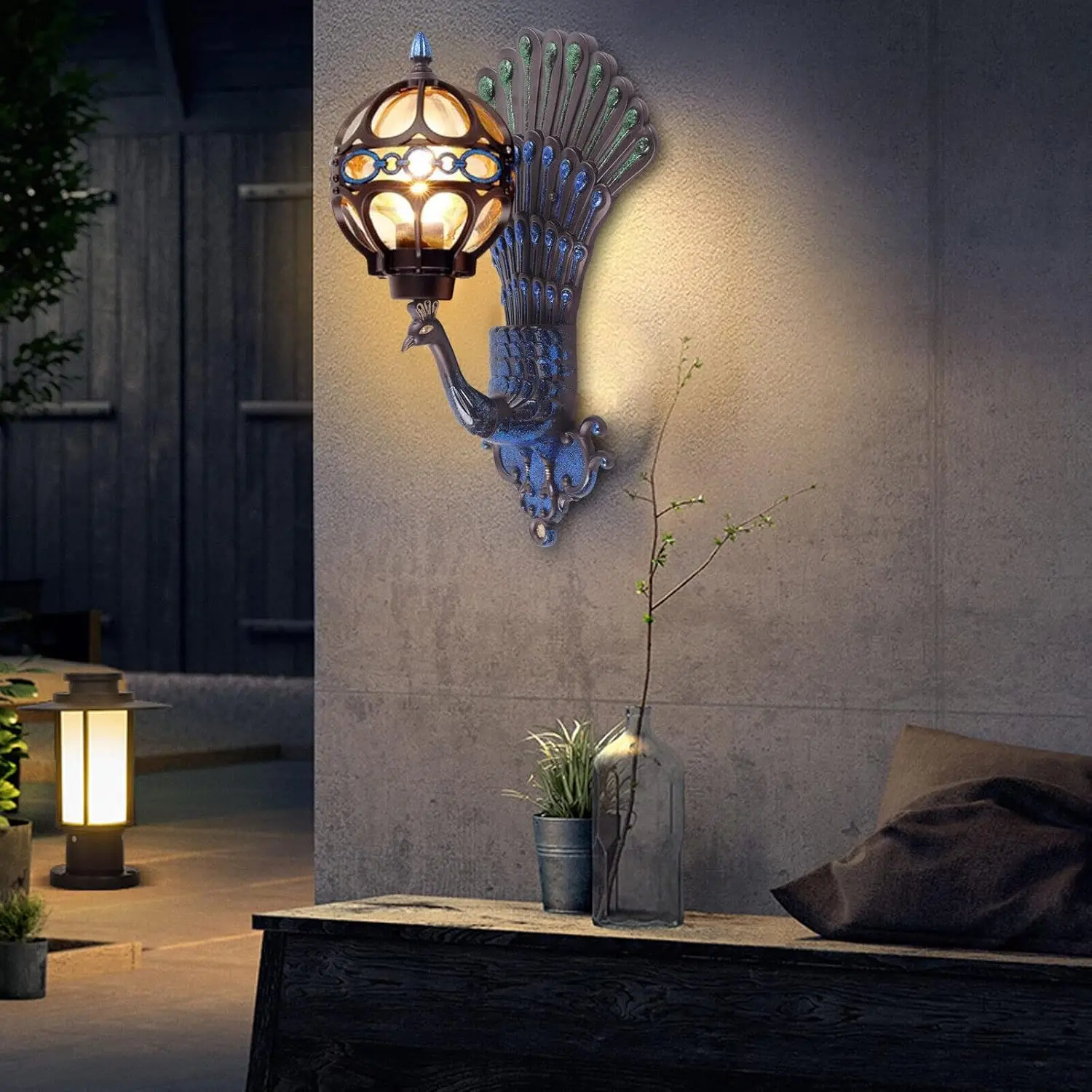 

Outdoor Wall Light Wall Light Fixtures Industrial Peacock Wall Sconce with Glass Shade Metal Waterproof Wall Sconce Porch Light