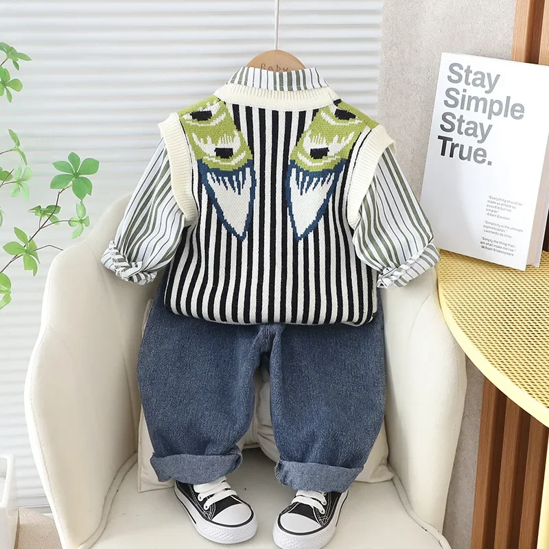 2024 Spring New Boys Cartoon Sweater Vest Three piece Set for Boys Striped Shirt and Denim Pants Set