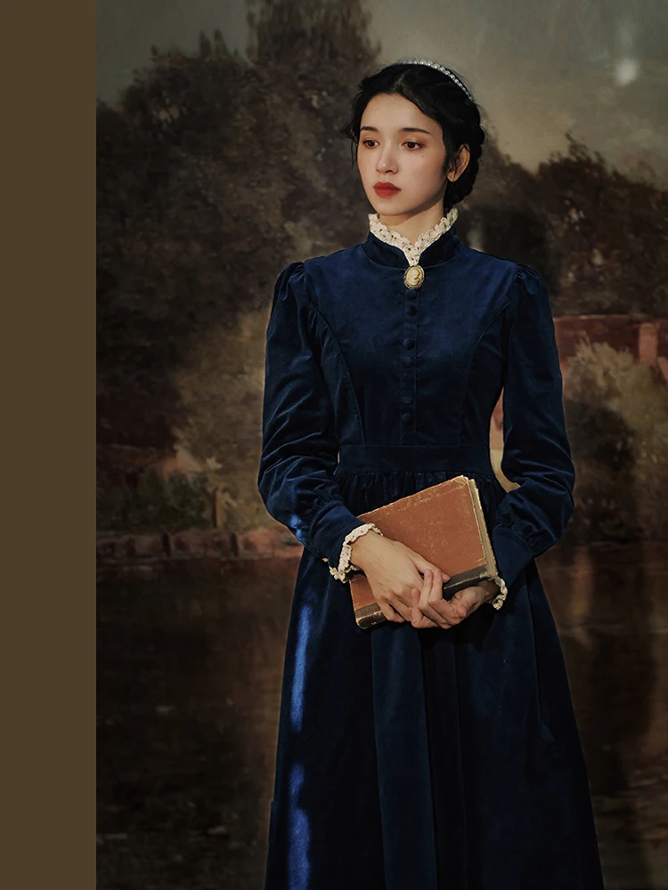 84-92 سنتيمتر تمثال نصفي خريف شتاء فساتين طويلة للنساء الفرنسية خمر أنيقة سليم المحكمة فستان الدانتيل الوقوف طوق القطن سروال قصير #1