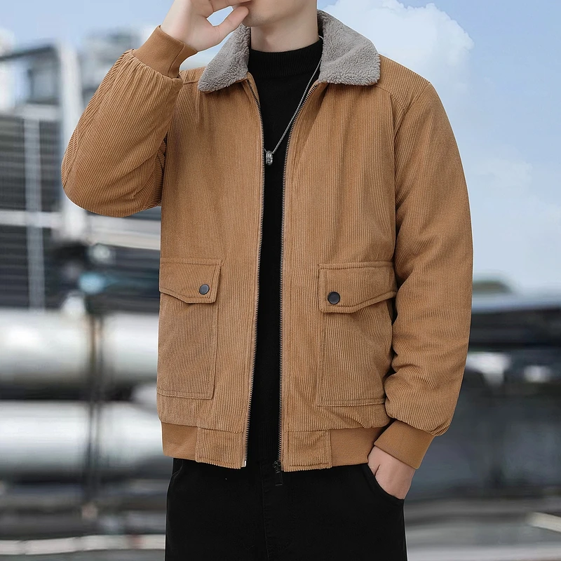 

Stylish Casual Men Cotton Jackets Turn-down Collar All-match Outerwear Solid Color Zipper Male Jacket Coats Winter Thicken Warm