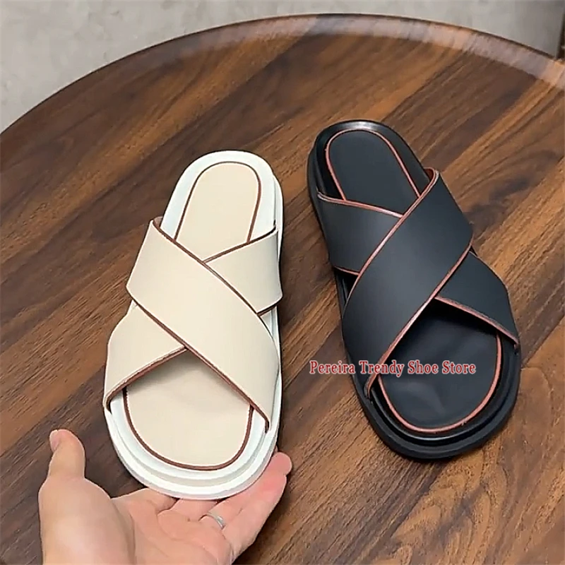 Summer New Cowhide Thick Soled Slippers Beige Black Round Toe Cross Strap Soft Leather Mules Outdoor Fashion Casual Flat Shoes