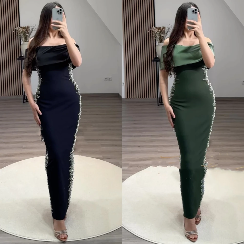 Jiayigong  Jersey Pearl Prom Sheath Off-the-shoulder Bespoke Occasion Gown Midi Dresses  Sexy Casual 