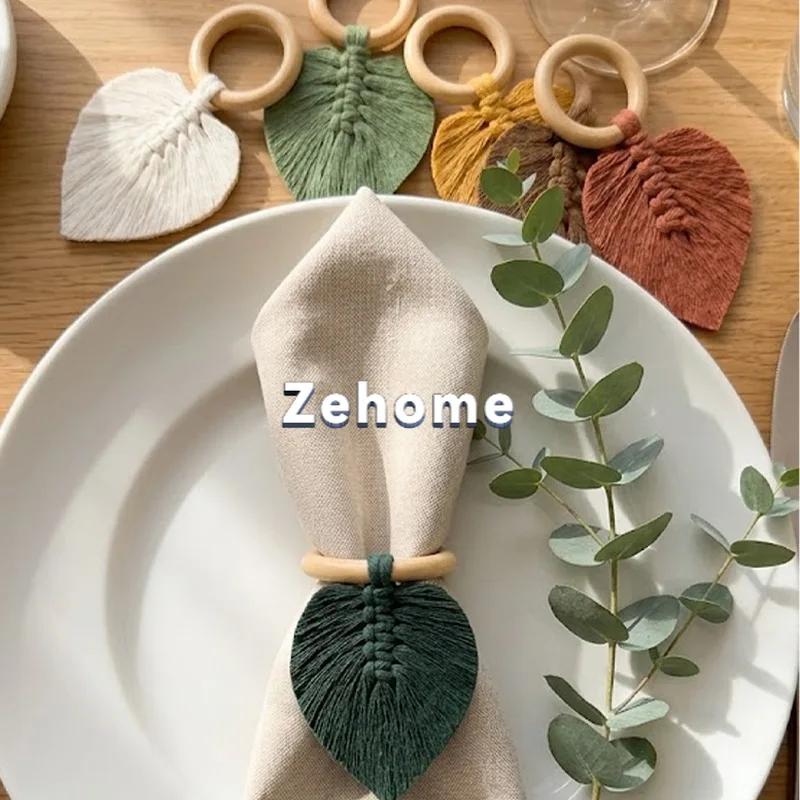 4pcsNordic ins Bohemian hand-woven western restaurant napkin buckle leaf napkin ring wooden ring pendulum pendant
