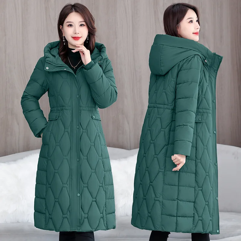 Hooded Oversize Parkas Coats Women Mid Length Jackets Diamond Quilt Zipper Pocket Waist Cinched Office Lady Casual 2025 Winter