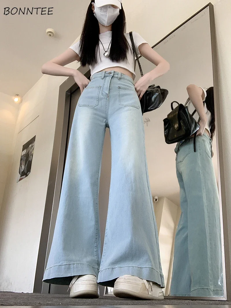 Jeans folgados vintage feminino de cintura alta com bolsos, moda streetwear de comprimento total, calça casual, moda retrô e legal para meninas, outono