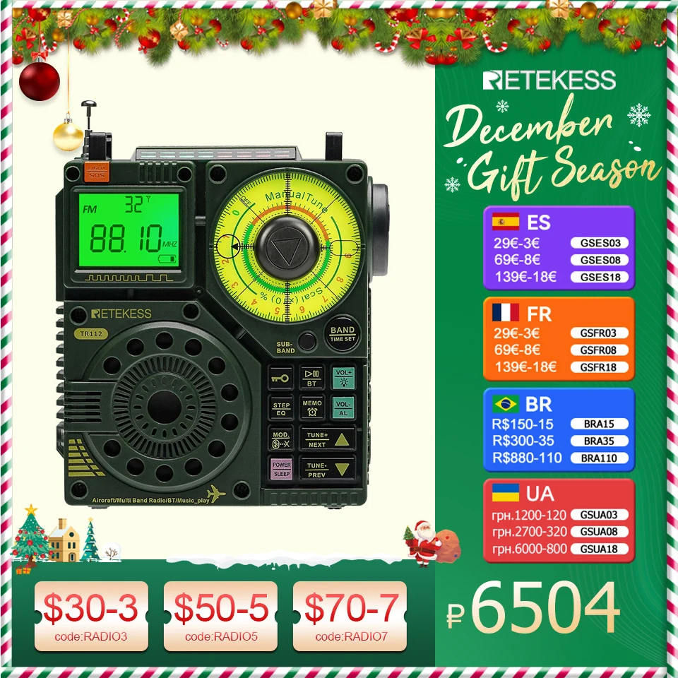 Retekess TR112 Radios Portable AM FM Radio Receiver Ham Radio Emergency Amateur Shortwave Radio SW AIR Band VHF WB Alarm Clock