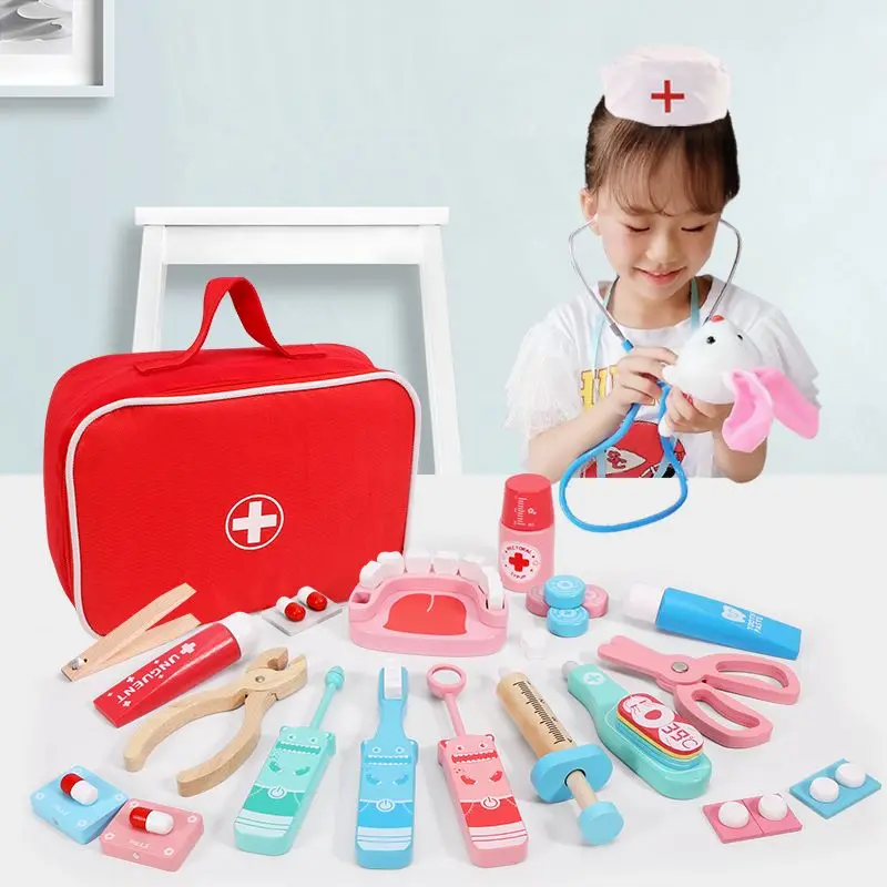 Children's Wooden Fun Doctor Bag Toy Dental Set Simulated Family Series Check Brush Teeth Nursing Accessories Role Playing Toys