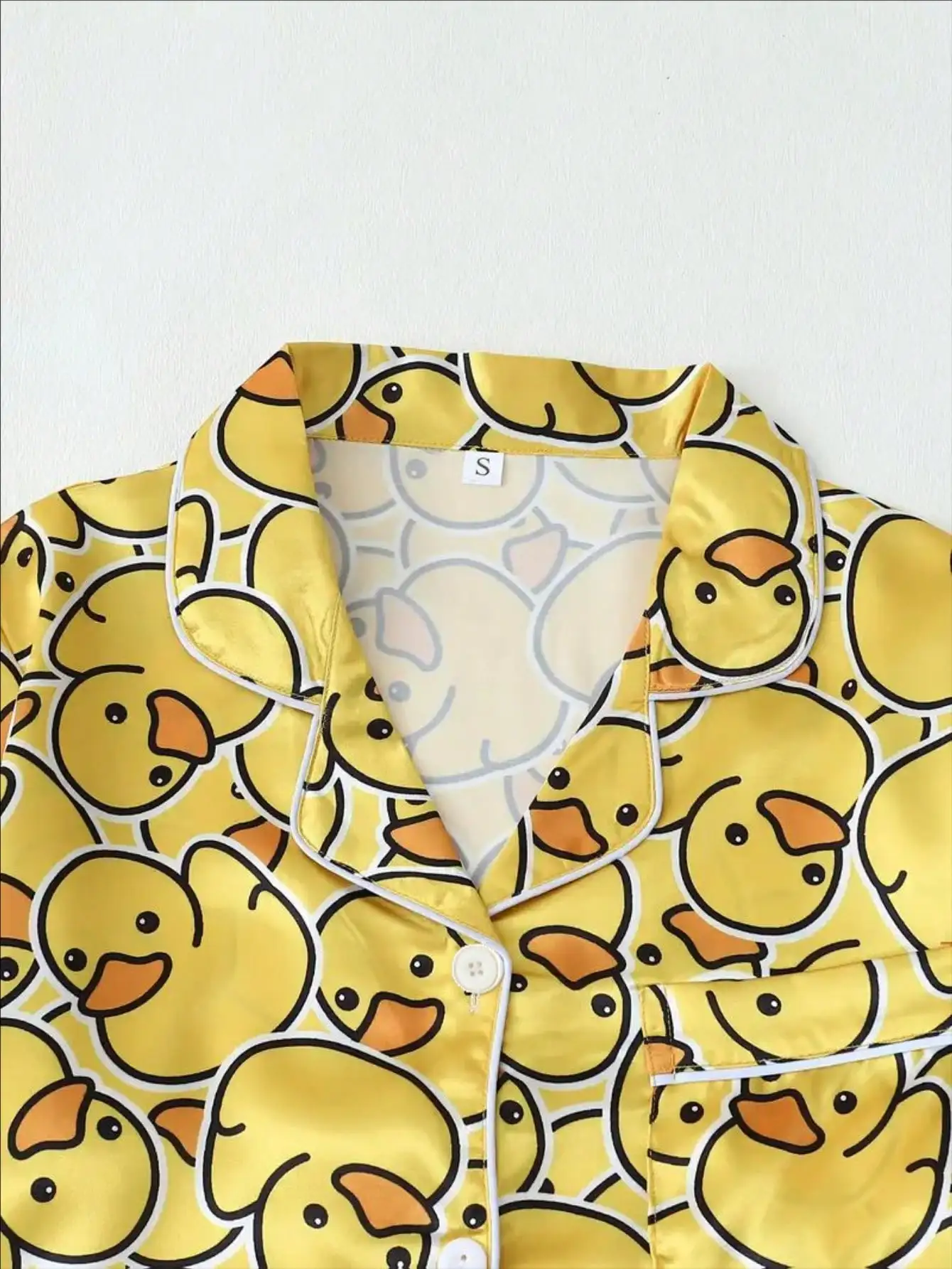 Ensemble pyjama 2 pièces en soie de mûrier pour femmes, haut à col à manches courtes + Short imprimé canard, printemps/été maison/extérieur