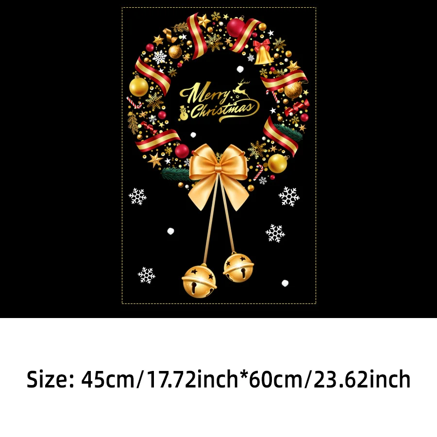 Christmas Wreath Static Window Cling 45x60cm Golden Bow Bell Snowflake Window Sticker Removable No Residue Merry Xmas Glass Deca