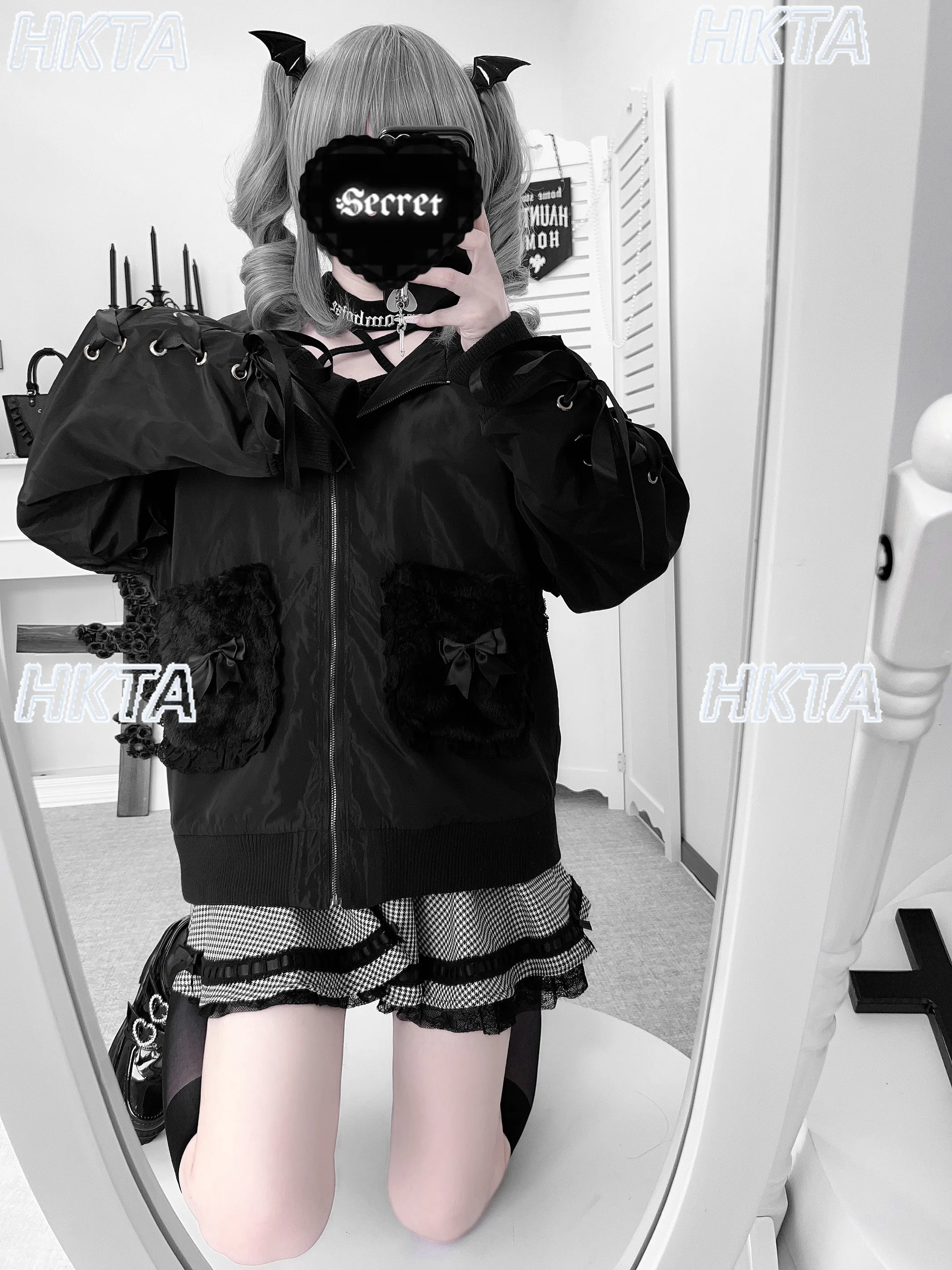 Japanese Mass Production Clothes 2026 Subculture Dark Sweet Lace Pleated Bow Loose Hooded Jacket Y2k Punk Goth Black Coat Women
