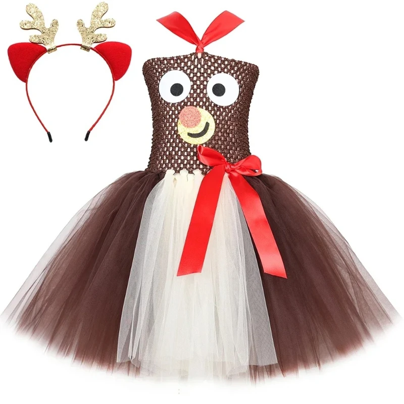 Rudolph Deer Reindeer Costume for Girls Christmas Tutu Dress Kids Halloween Party Animal Dress Up Clothes with Antler Headband