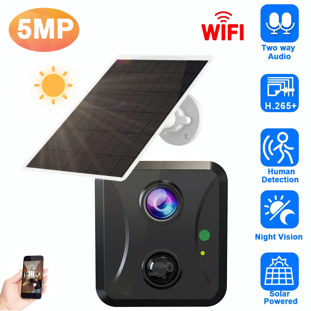 

5MP HD Solar Powered Wifi IP Camera 2 Way Audio Wireless CCTV Rechargeable Battery Security Surveillance Camera Home Mini IP Cam