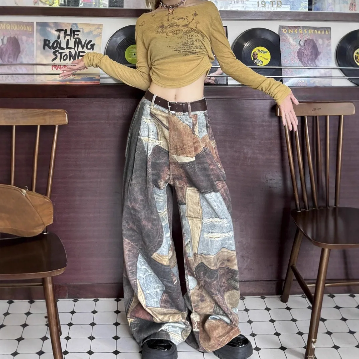 

Мужские повседневные брюки в скандинавском стиле: широкие джинсы с ретро-принтом, низкой посадкой, рваные, в пол, винтажные