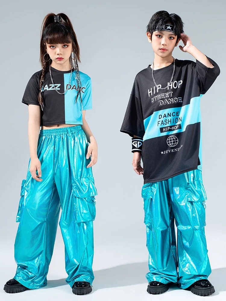 Street Dance Kids Hip Hop Clothes Short Sleeves T Shirt Blue Pants Girls Jazz Dance Costume Boys Performance Clothing BL13264