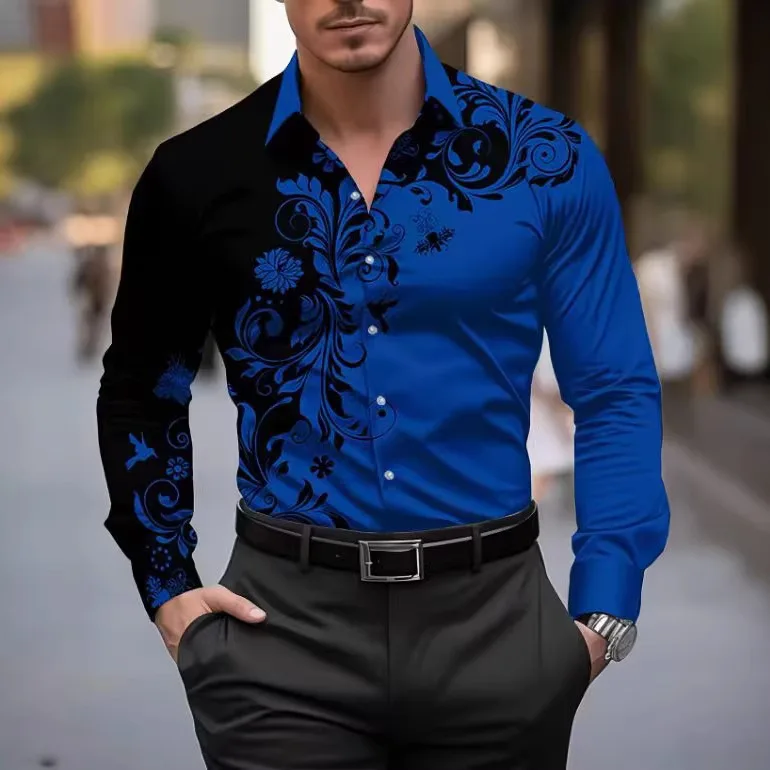 Casual Men's Long Sleeve Shirt Fashion Contrasting Cardigan Spring And Autumn 3D Digital Printed Men's Top