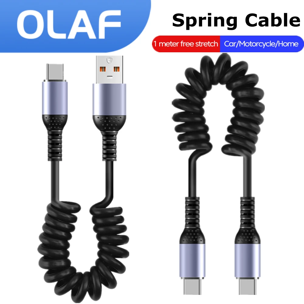 0.25M-1M Spring Cable USB Type C To Type C 6A Fast Charge Data Cable For iphone Android ipad USB C Short Power Bank Car Cord