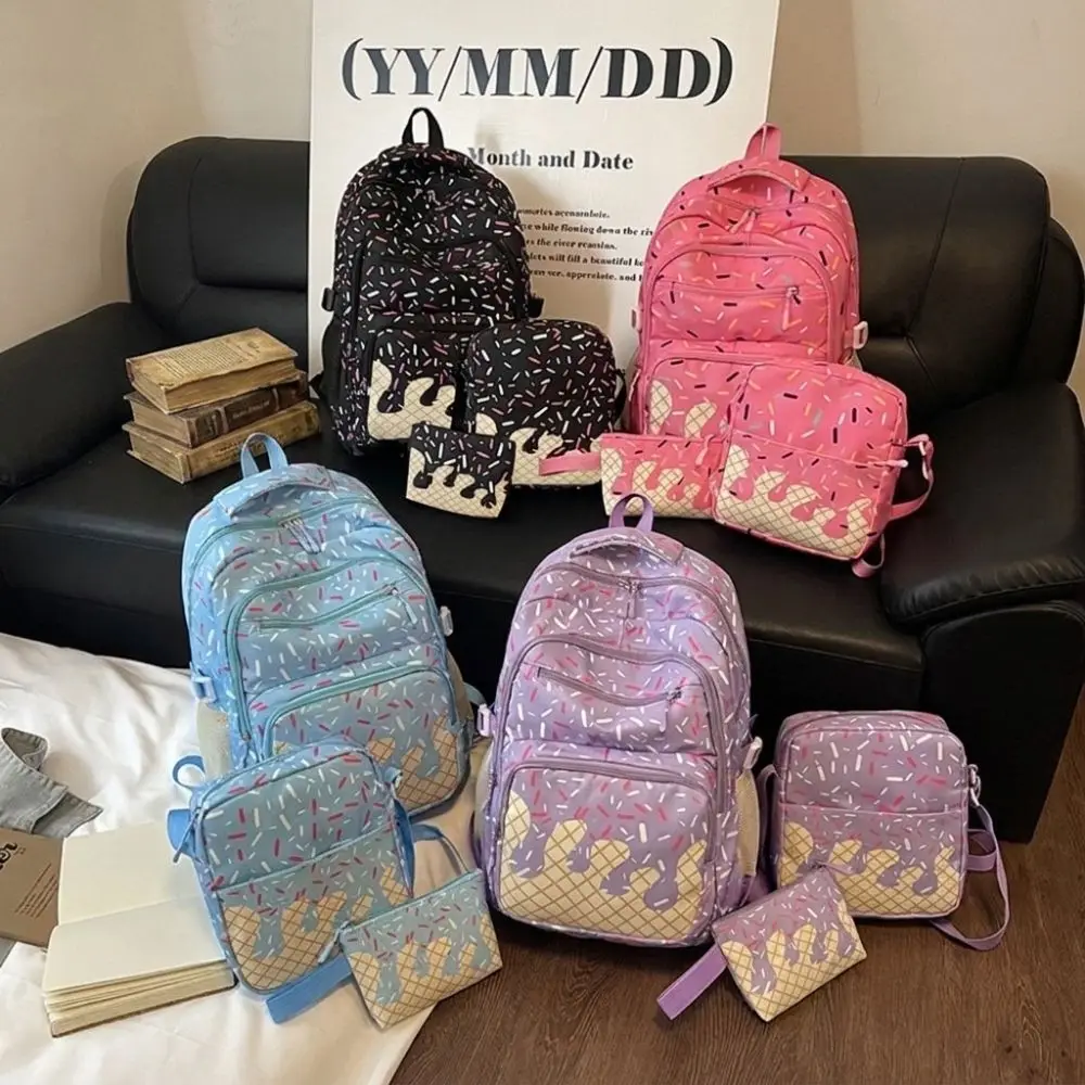 Oxford Fabric Ice Cream Printed Backpack Set with Crossbody Bag Large Capacity School Bag Matching Lightweight Tote Bag Daily