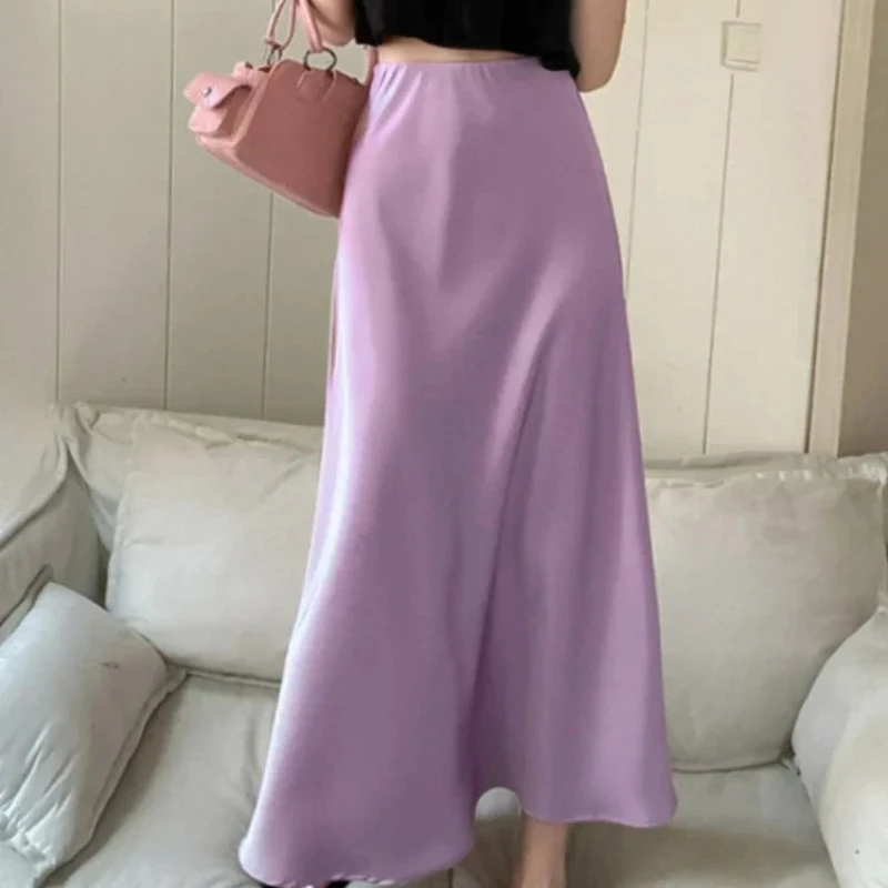 

Waist Silk Satin A-line Skirt Lady Fashion Solid Color Purple Long Skirts for Women Fashion 2025Elegant Women's Skirts High