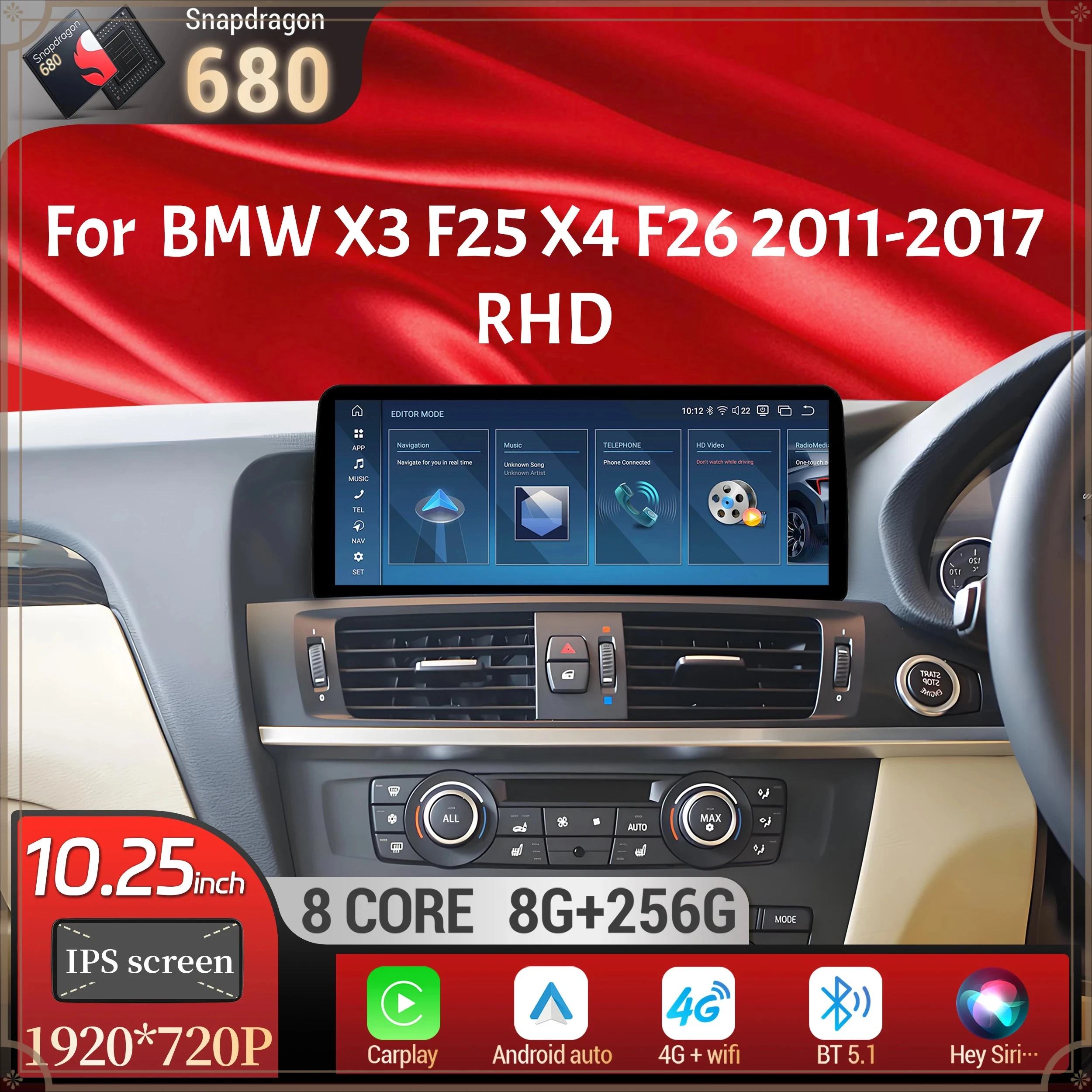 10.25 inch Right Hand Drive Android 14 Car Radio Wireless BT Carplay Snapdragon 680 Touch Screen For BMW X3 F25 X4 F26 2011-2017