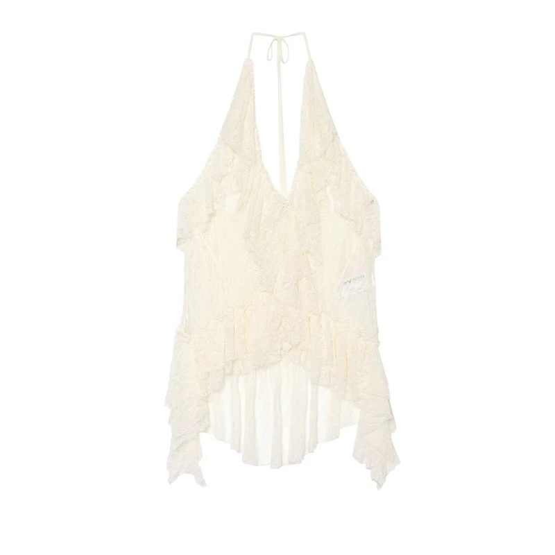 KEYANKETIAN 2026 Cream Sheer Lace Halter Crop Top Deep V Neck Multi Tier Ruffle Back Thin Self Tie Bow Slim Pure Desire Camisole
