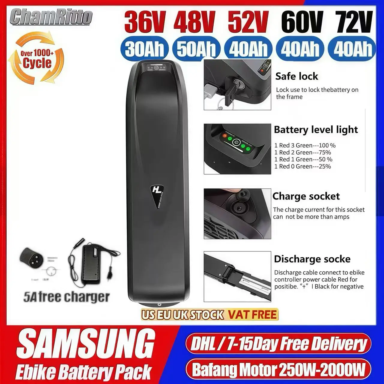 

36v 48v 52V 60 72v Ebike Battery Hailong Polly 25 30Ah 40 50Ah 60ah 18650 Electric Bike Batteria for 500W 750W 1000W 2000W Motor