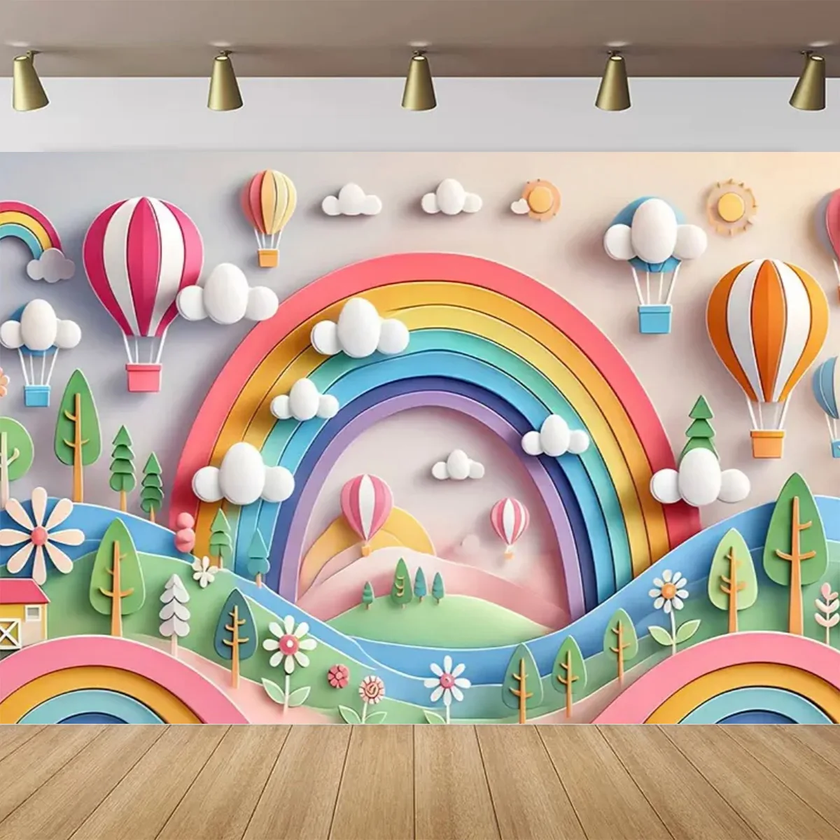 بالونات الهواء الساخن الزاهية وموضوع قوس قزح لديكور الحفلات خلفية قوس قزح الغيوم للأطفال لوازم حفلات أعياد الميلاد لافتة تزيين الحائط