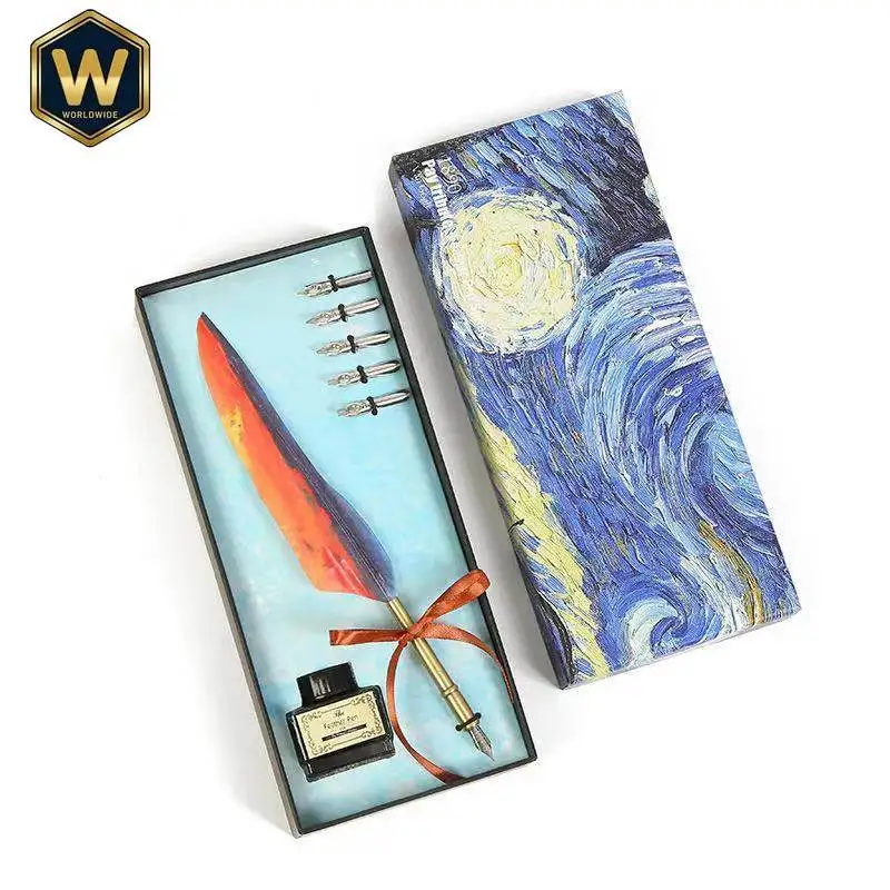 Creative Feather Fountain Pen Set, Dip Pen for Students, Sunflower Design, Birthday Gift, Ink Not Included