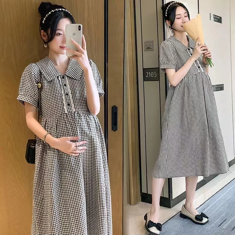 Korean Style Maternity Clothes Short Sleeve Peter Pan Collar Short Sleeve Half Button Fly Black White Plaid Pregnant Woman Dress