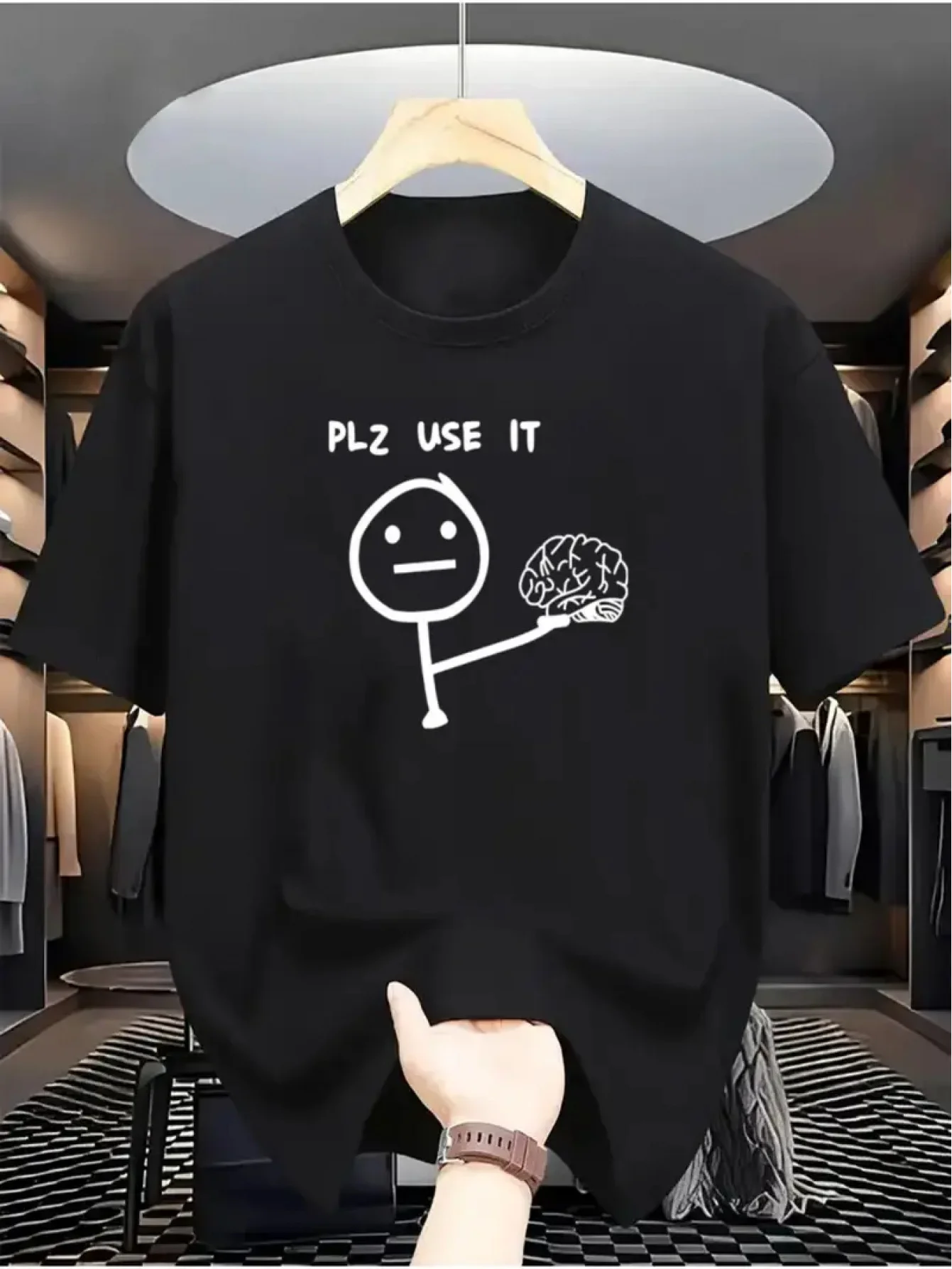 Loose Oversized Chest Funny Stickman Holding Brain PLZ USE IT Sarcastic Meme Print Unisex T Shirts 100% Cotton Drop Shoulder Hum