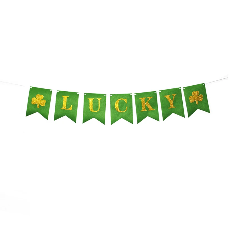 Green Hollow Lucky Irish Shamrock Clover Fabric Triangle Banner Flag St. Patrick’s Day Party Shamrock Garland Hanging Decoration