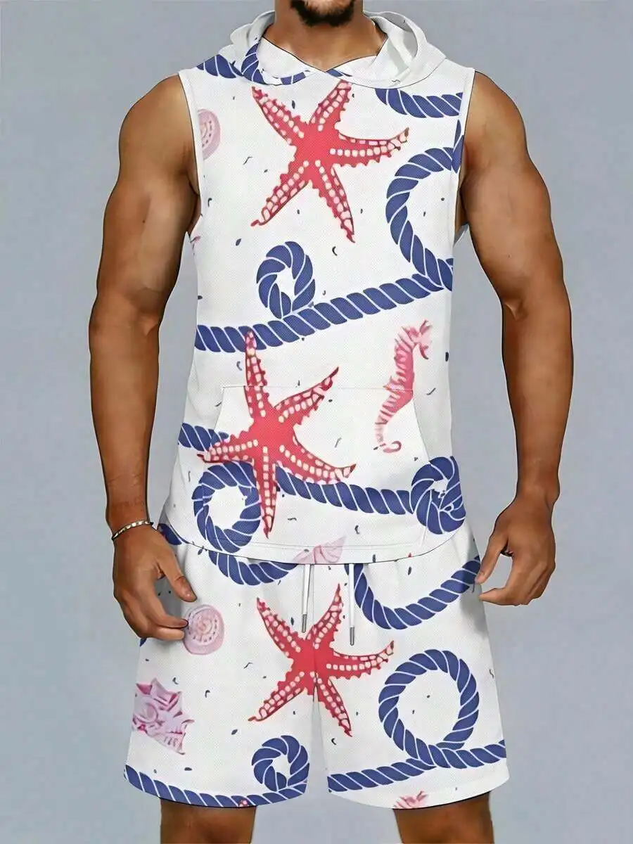 

Mens Hooded Vest And Shorts Set Starfish Seahorse Print Breathable Quick Dry Loose Fit