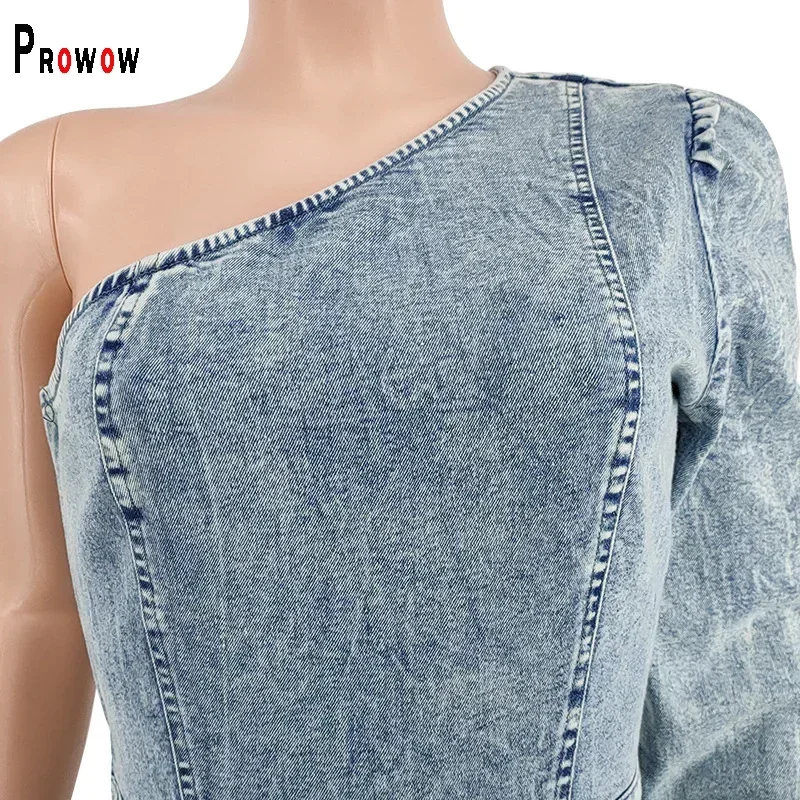 Prowow Women Jumpsuits Fashion One Sleeve Denim Overalls Rompers Blue Color Slim Fit Fashion Trend Female Streetwear