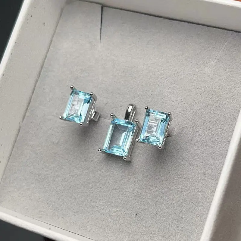 

Rectangle Shape Natural Topaz Jewelry Set for Office Women 5mm*7mm 6mm*8mm Total 4ct sky blue Topaz Ring and Earrings
