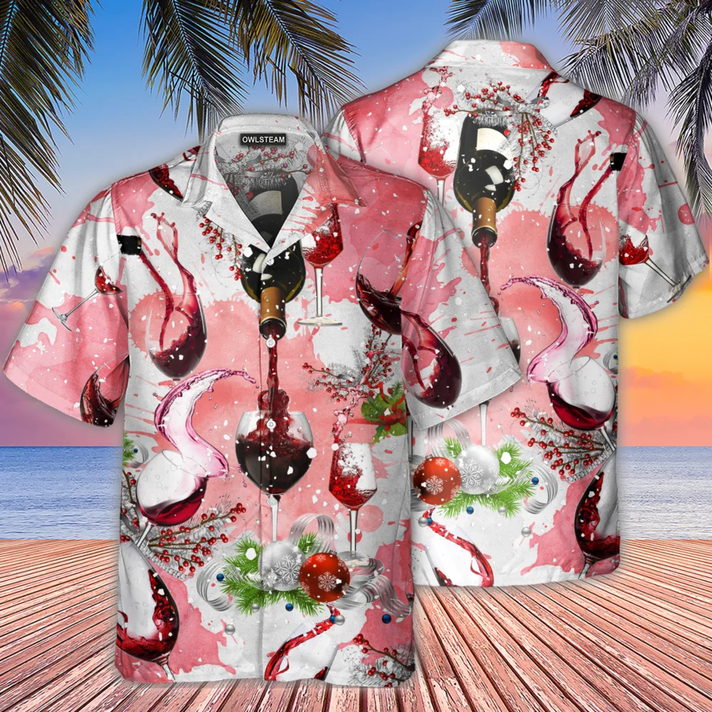 Hot Sale Men's Cuban Pink Shirt Wine 3D Print Grace Hawaii Beach Summer Marine life Short Sleeve Chemise Homme Plus Size Casual