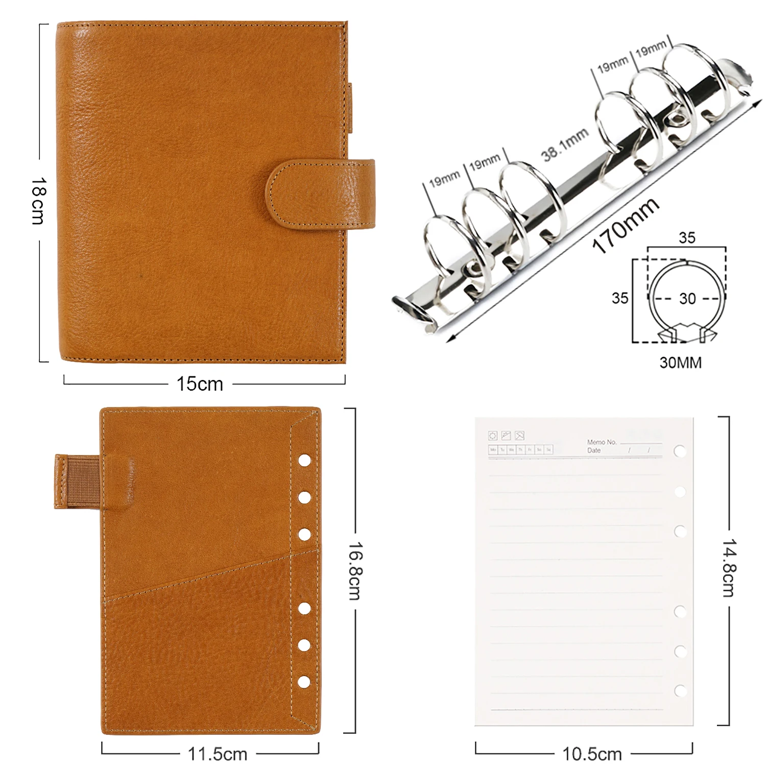 Vollnarbenleder, pflanzlich gegerbt, Luxe 2.0 A6-Ringplaner mit 30-mm-Ringen, Bindemittel, Notizbuch, Tagebuch, Agenda-Organizer