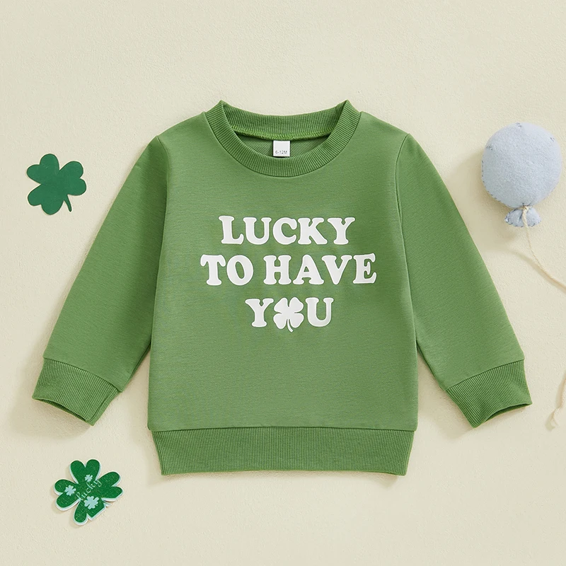 Baby Irish Day Sweatshirt Letter Clover Print Round Neck Long Sleeve Tops for Toddler Cute Clothes