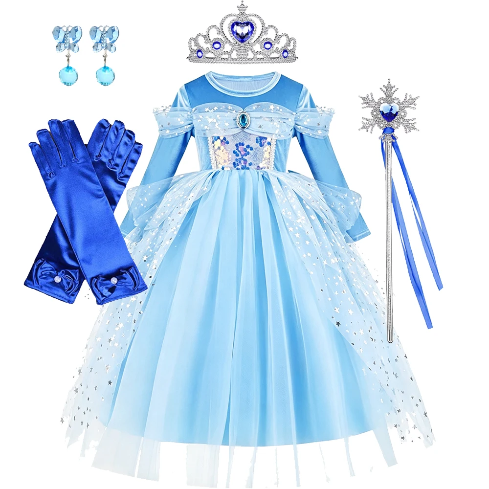 Mädchen Cinderella Blaues Pailletten-Prinzessinnenkleid mit Langen Ärmeln, Krone, Halskette und Komplettem Zubehör-Set als Geburtstagsgeschenk für Kinder – Detail 7