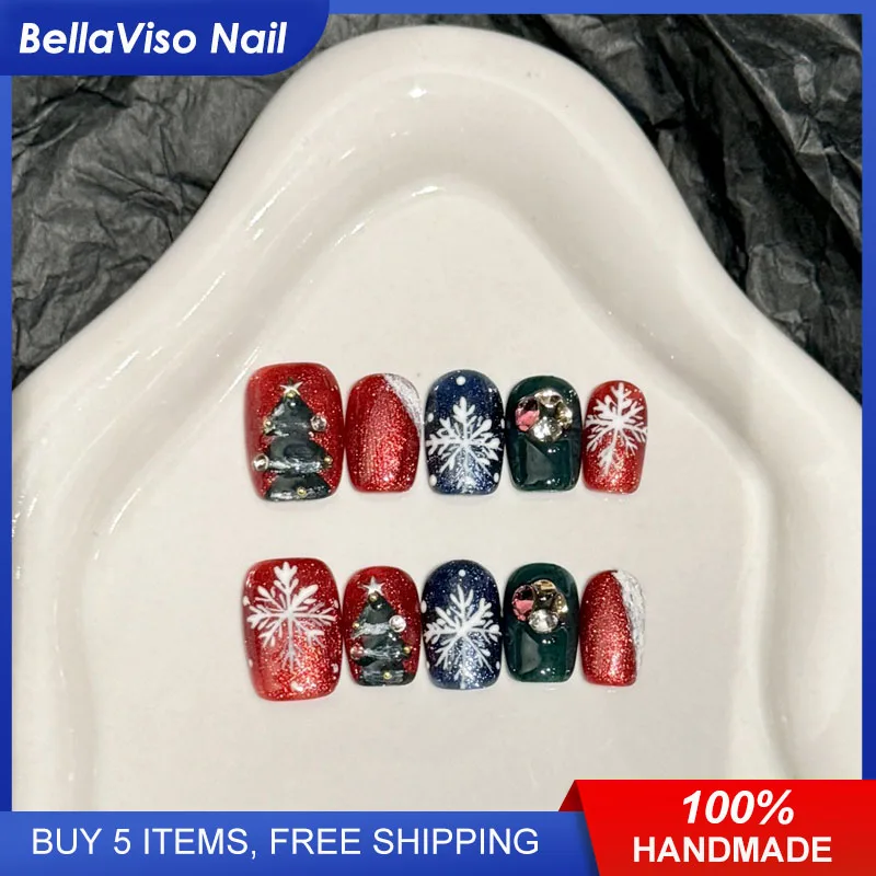 Christmas Wish | High Quality 10pcs Handmade Short Coffin Press On Nails Elegant Hand Painted Fake Nails Wearable Nail Art Tips