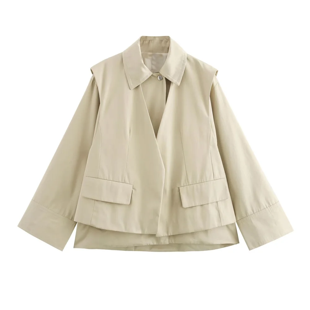 

Zach Ailsa Autumn New Women's Clothing Style Versatile Fold Collar Long Sleeve Simple Casual Vest Jacket Short Coat