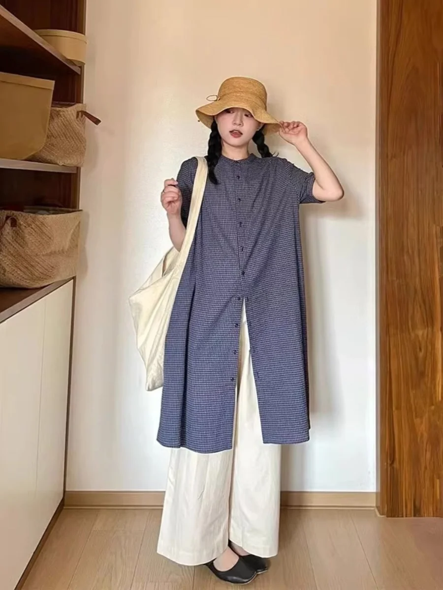 

Summer New Plaid Cotton Dr Women's Loose Casual irt Dr Mid-Length Pure Cotton Outerwear Open Cardigan