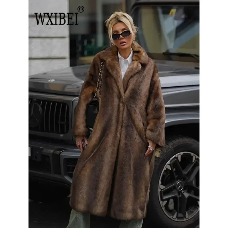 Women's Dark Brown Faux Fur Long Overcoat Single Breasted Fleece Long Trench Coat Winter Fluffy Plush Warm New Thicken Outerwear