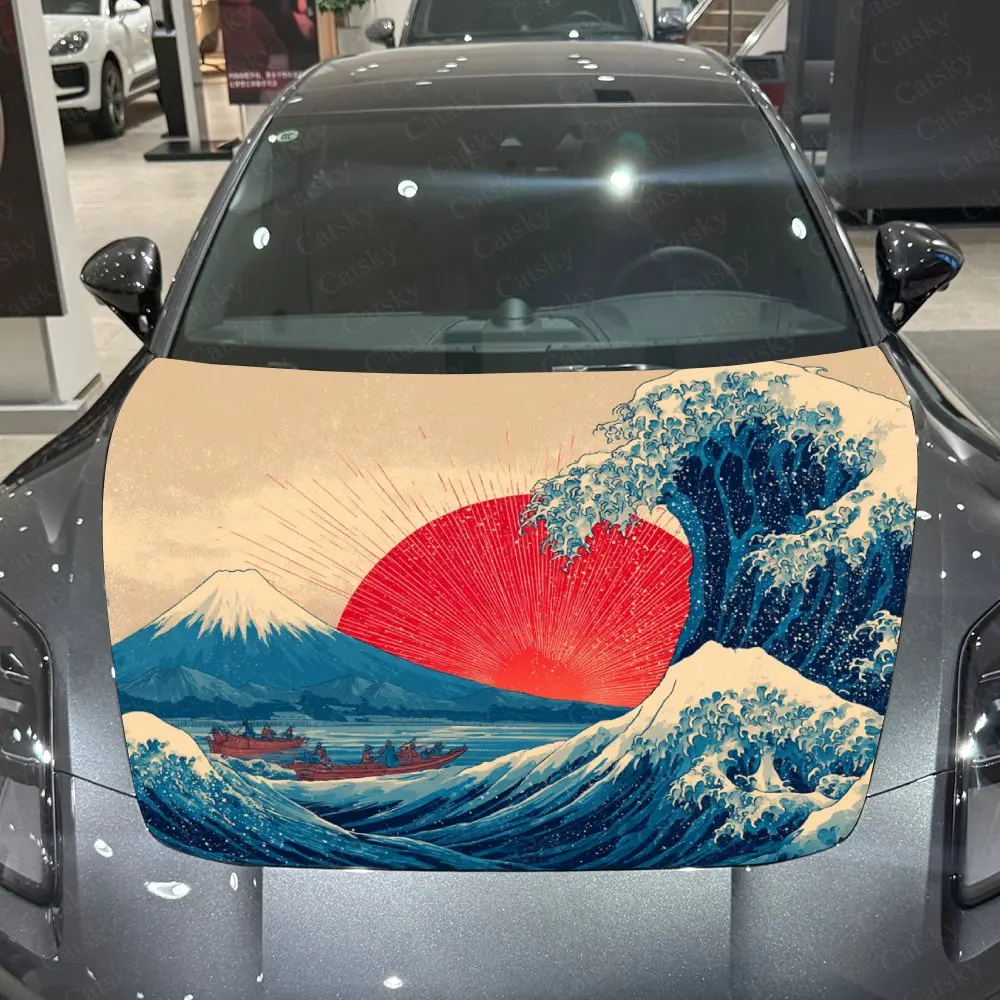 

Red Sun And Ocean Car Vinyl Wrap - Vibrant Pattern Design, Splash-Resistant PVC Decal For Engine Hood, Easy Removal & Durable Ca