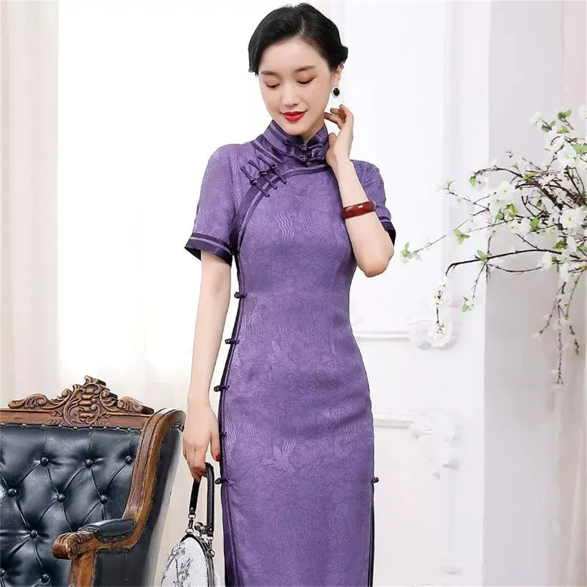 Vestido Cheongsam elegante de edición mejorada para mujer, edición limitada, flor de seda simulada, Wisteria Noble