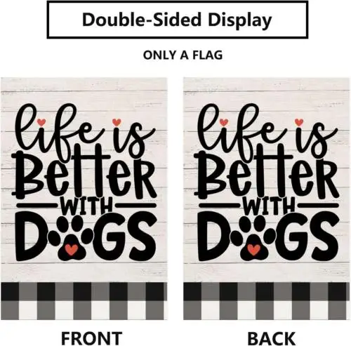 Life Is Better with a Dog,Garden Flag Double Sided, Pet Yard Buffalo Plaid Outdo