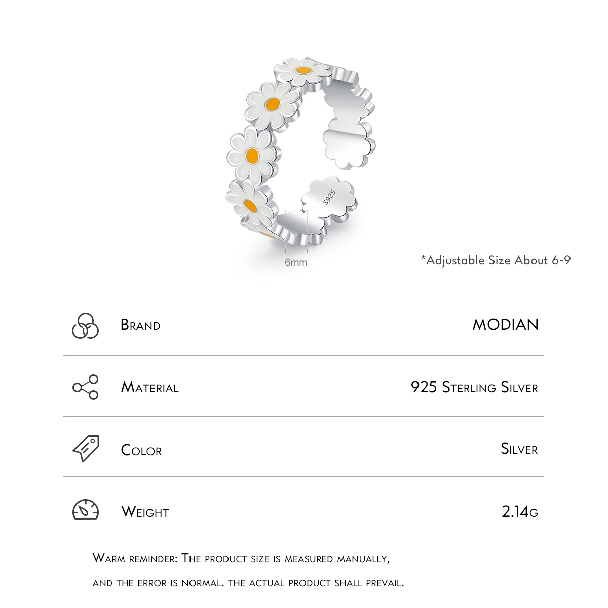 خاتم إصبع مفتوح من موديان للنساء ، ديزي طازج ، زهور من المينا ، هدية من المجوهرات الراقية ، حفلة عيد ، فضة استرليني 925 ، مقاس 6-9