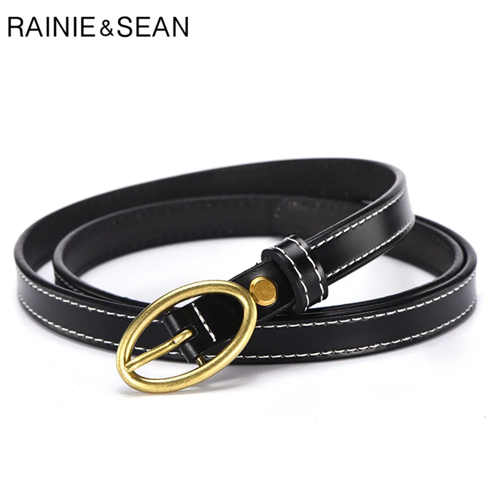 

RAINIE SEAN Real Leather Women Belt Pin Buckle Waist Belt for Trousers Cowskin Genuine Leather Black Ladies Strap Thin Narrow